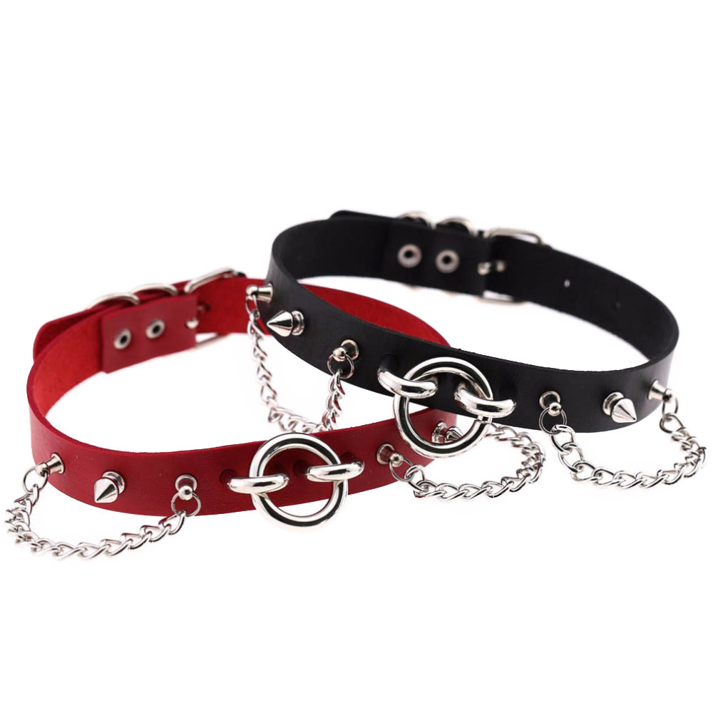 Sexy red and black choker collars with spikes and chains, perfect Gothic neck accessories for edgy fashion styles.