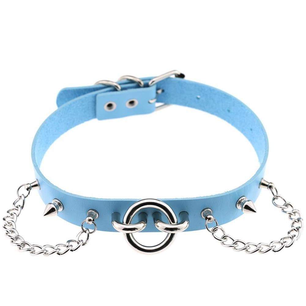 Trendy blue PU leather collar choker with spikes and chains for a bold Gothic fashion statement.