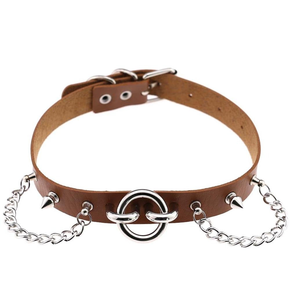Sexy brown PU leather choker with spikes and chains, perfect for gothic rock star outfits.