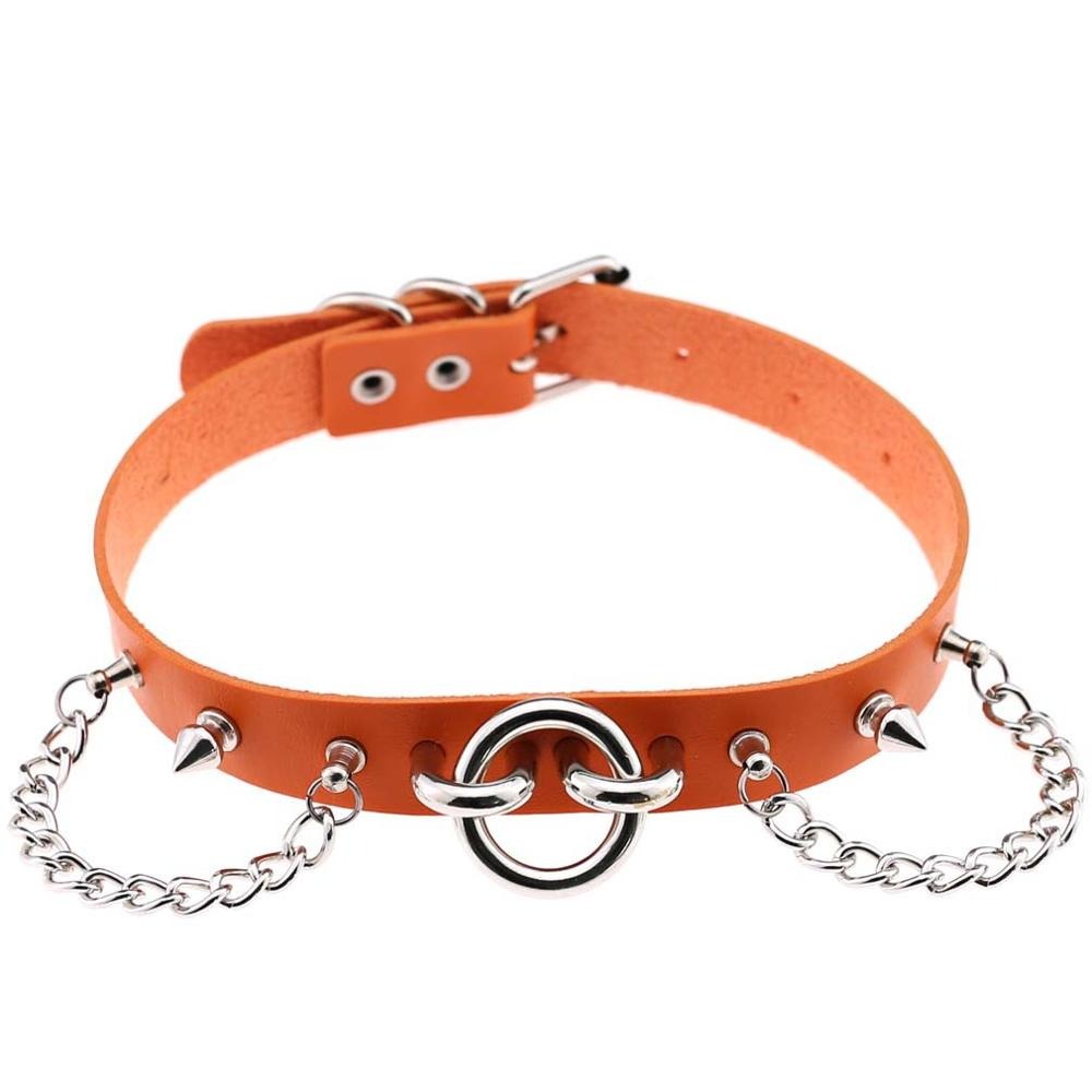 Sexy orange collar choker with spikes and chains, perfect for gothic fashion and rock star looks.
