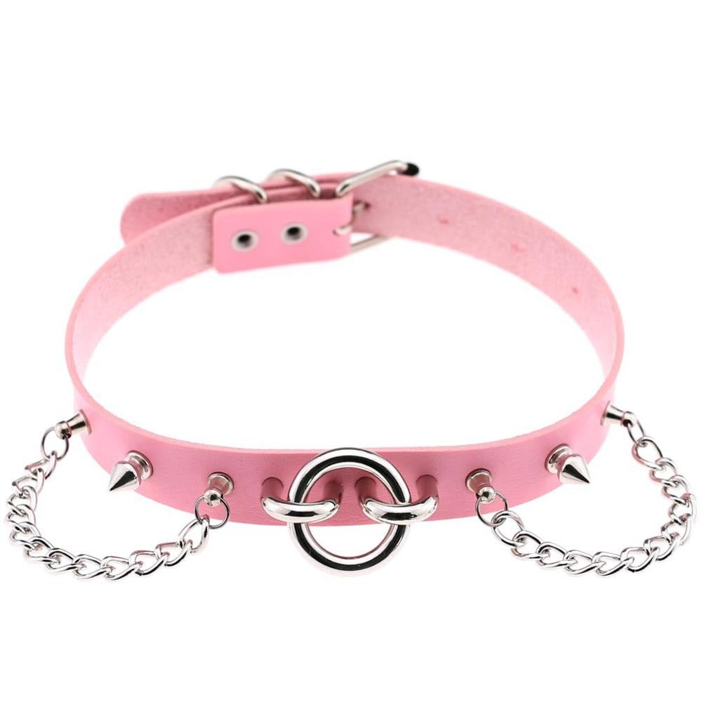 Pink PU leather choker with spikes and chains, perfect for adding a gothic edge to any outfit.
