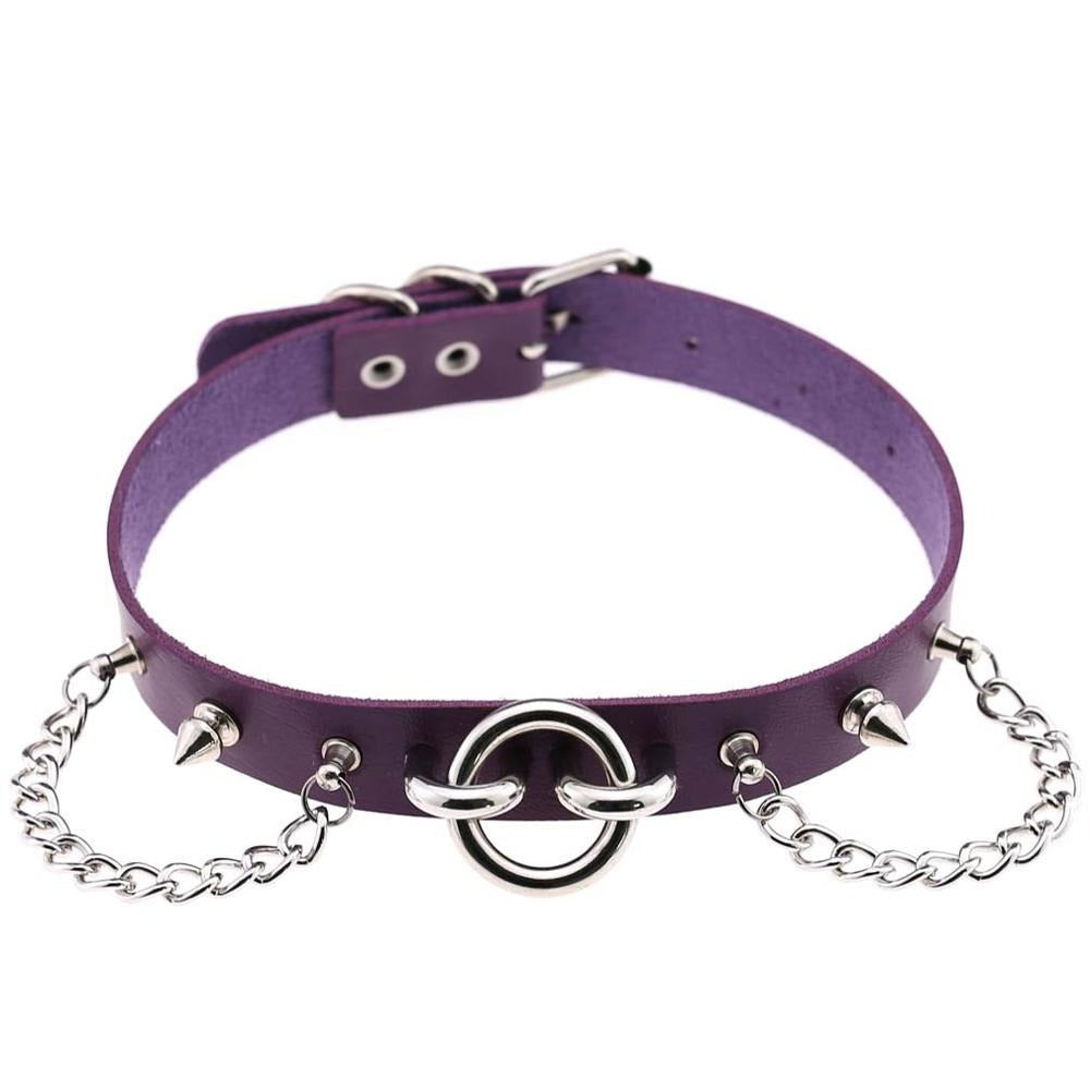 Purple gothic collar choker with spikes and chains, perfect for rock star fashion and edgy style.