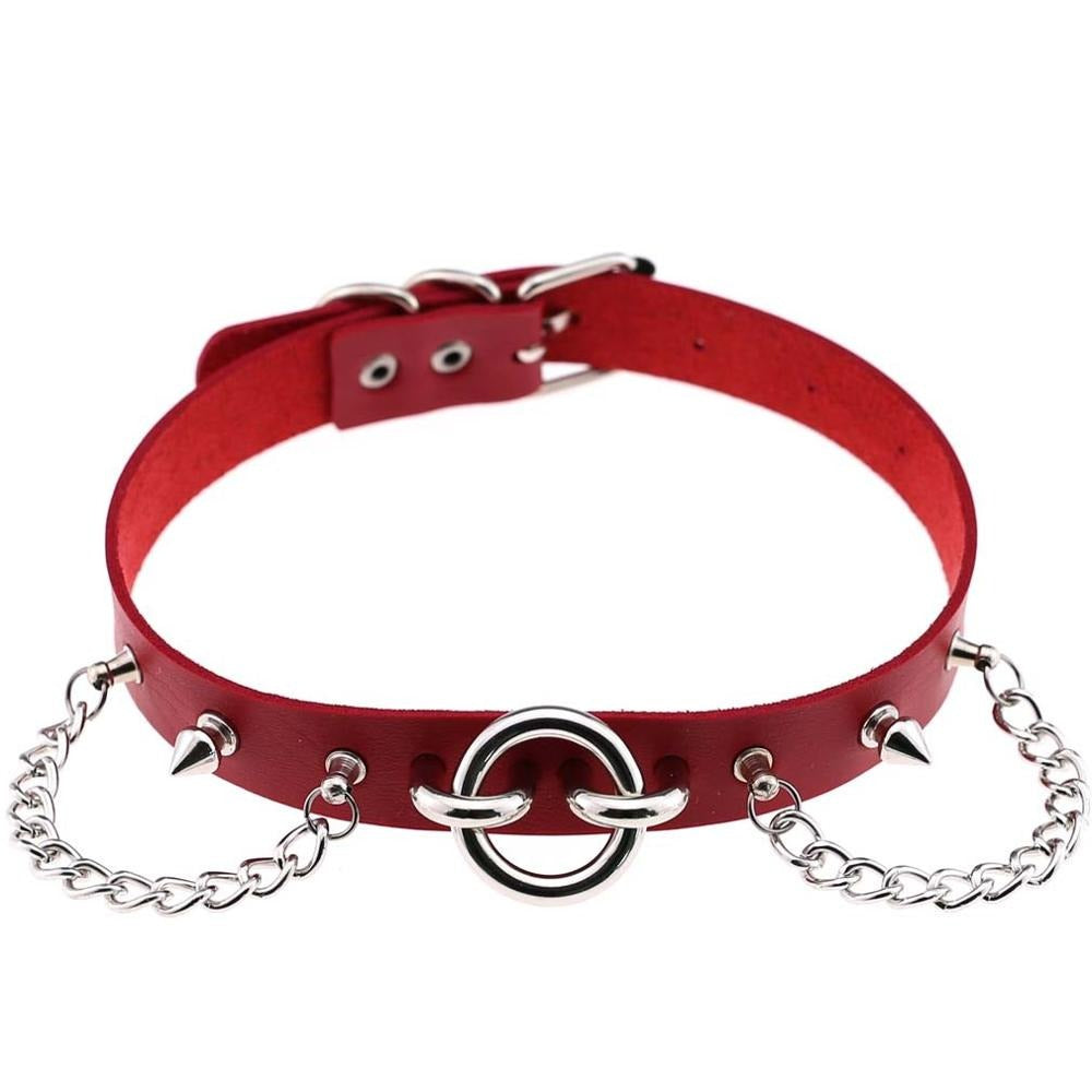 Red PU leather choker with spikes and dangling chains, perfect for gothic and rock star fashion styles.