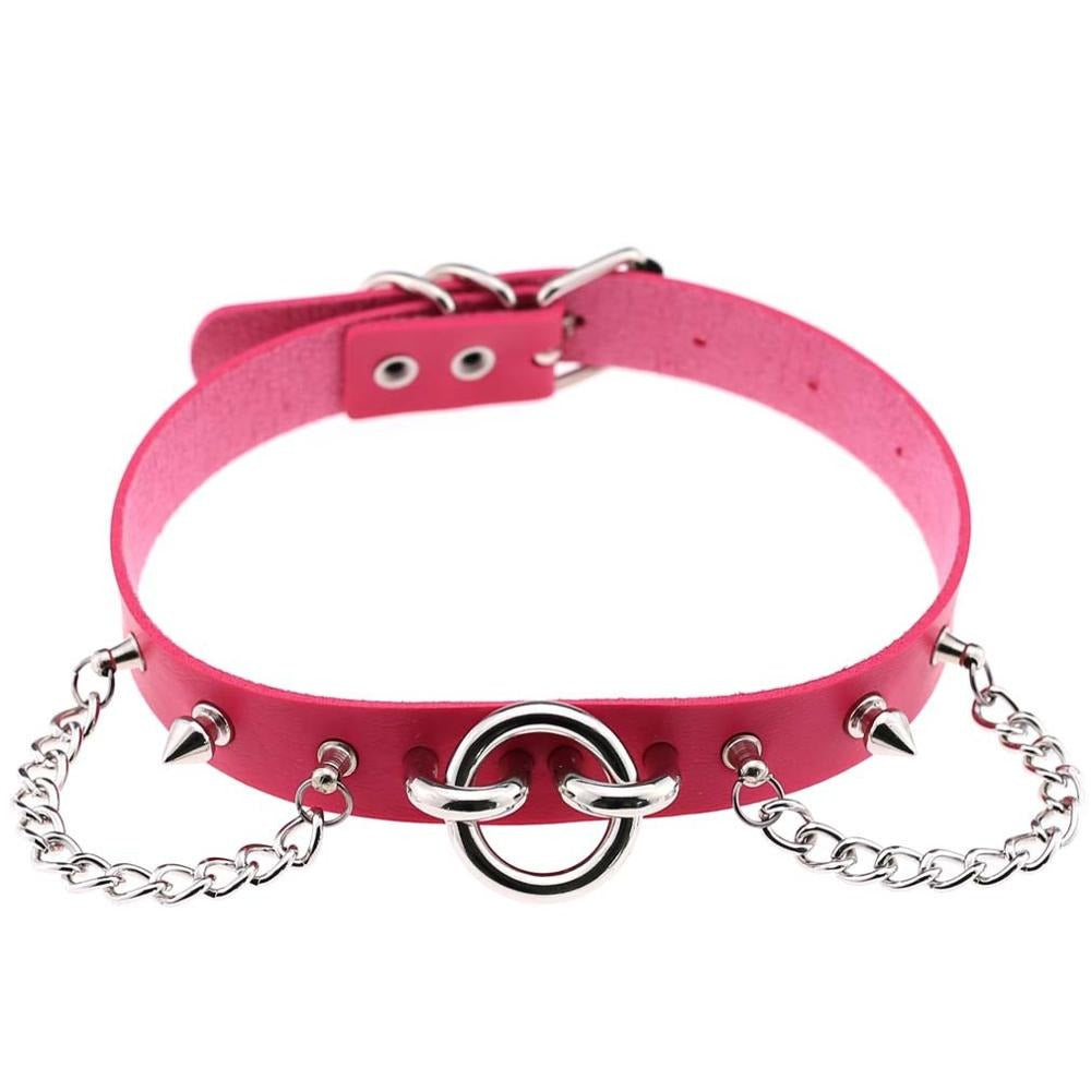 Pink PU leather choker with spikes and dangling chains for trendy Gothic fashion.