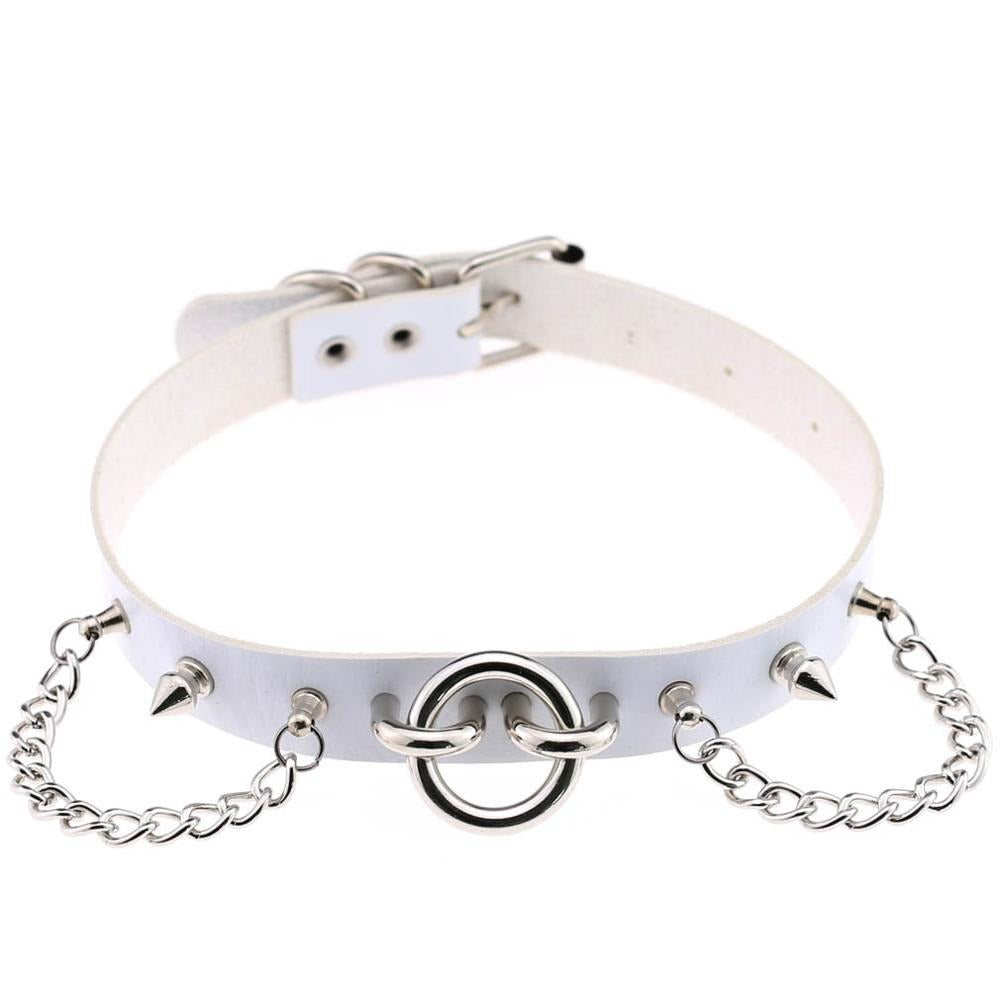 White PU leather choker with spikes and chains, perfect for gothic and rock star fashion.