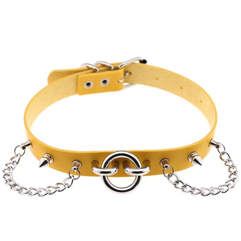 Yellow PU leather choker with spikes and chains, perfect for a gothic rock star look.