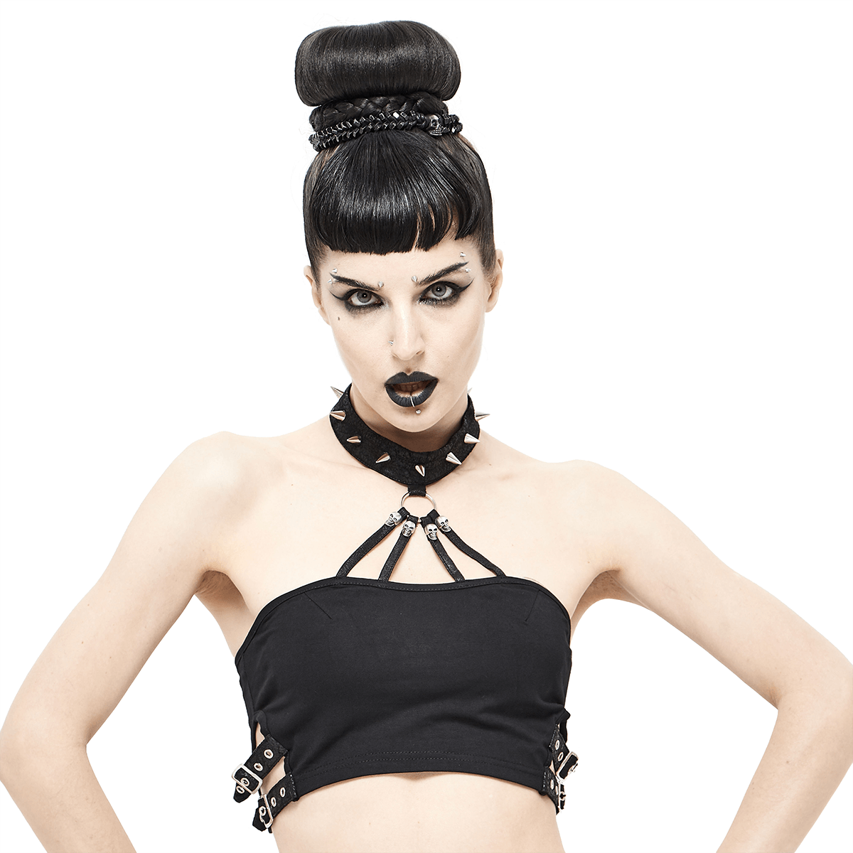 Sexy Crop Top with Buckles / Gothic Style Black Top with Spikes / Female Fashion Tops - HARD'N'HEAVY