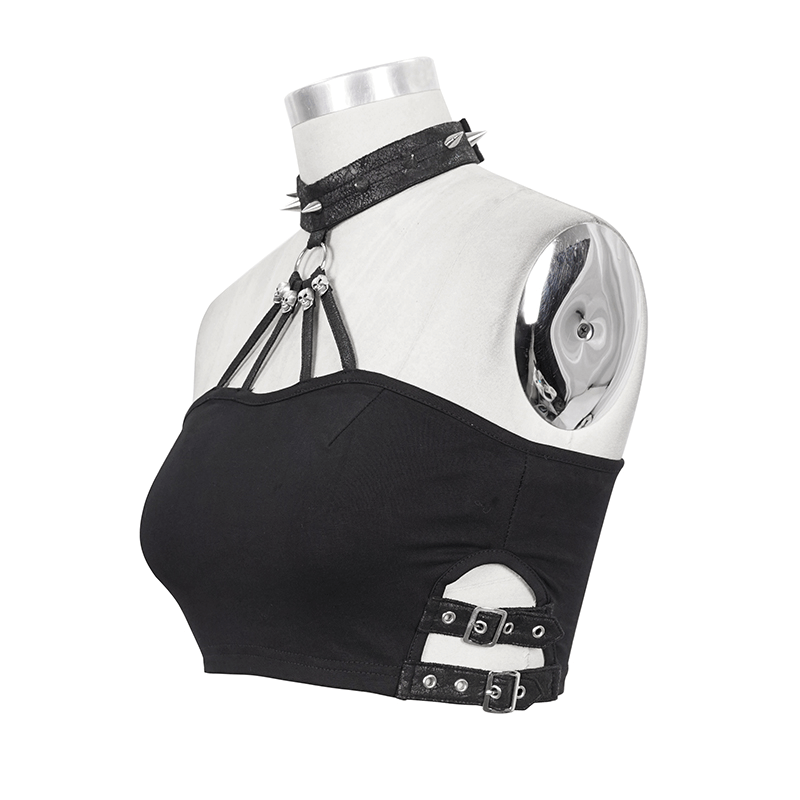 Gothic black crop top with buckles and spikes, showcasing a stylish female fashion design.