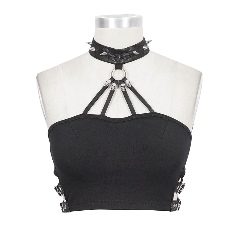 Sexy Crop Top with Buckles / Gothic Style Black Top with Spikes / Female Fashion Tops - HARD'N'HEAVY