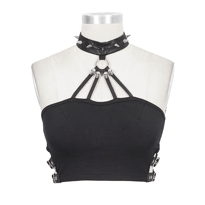 Gothic black crop top with buckles and spikes, showcasing a stylish, form-fitting design for women's fashion.