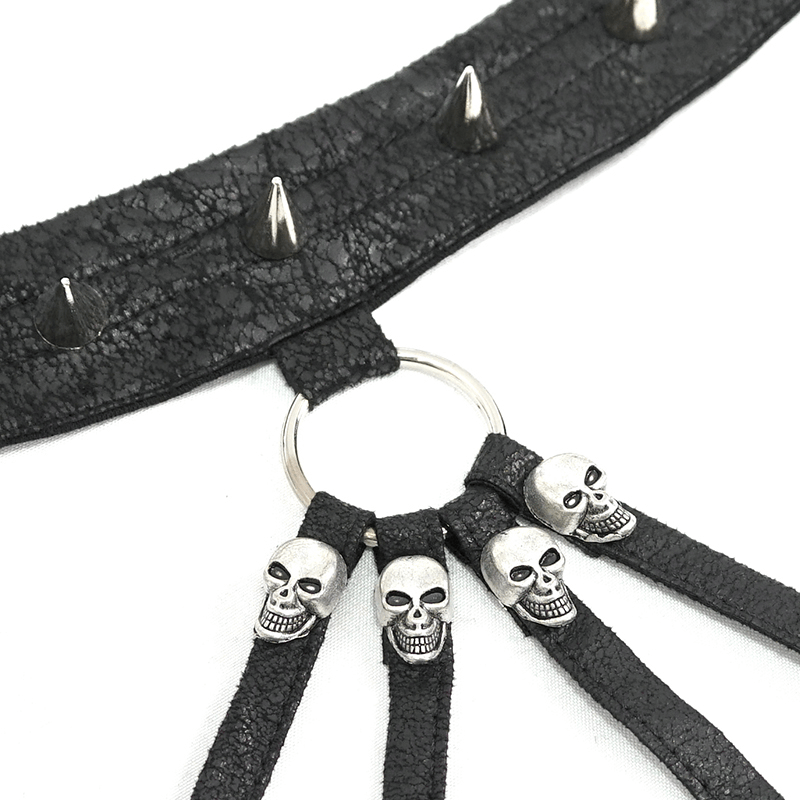 Close-up of a gothic style black choker with spikes and skull details, perfect for edgy fashion enthusiasts.