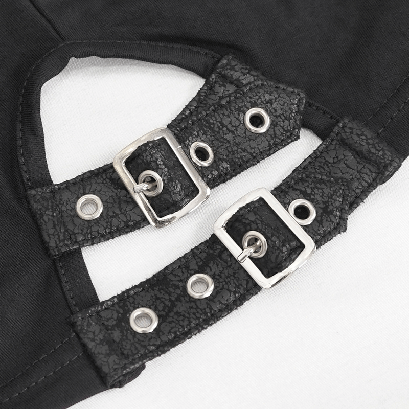 Close-up of black crop top buckles and straps, showcasing gothic style details and trendy design.