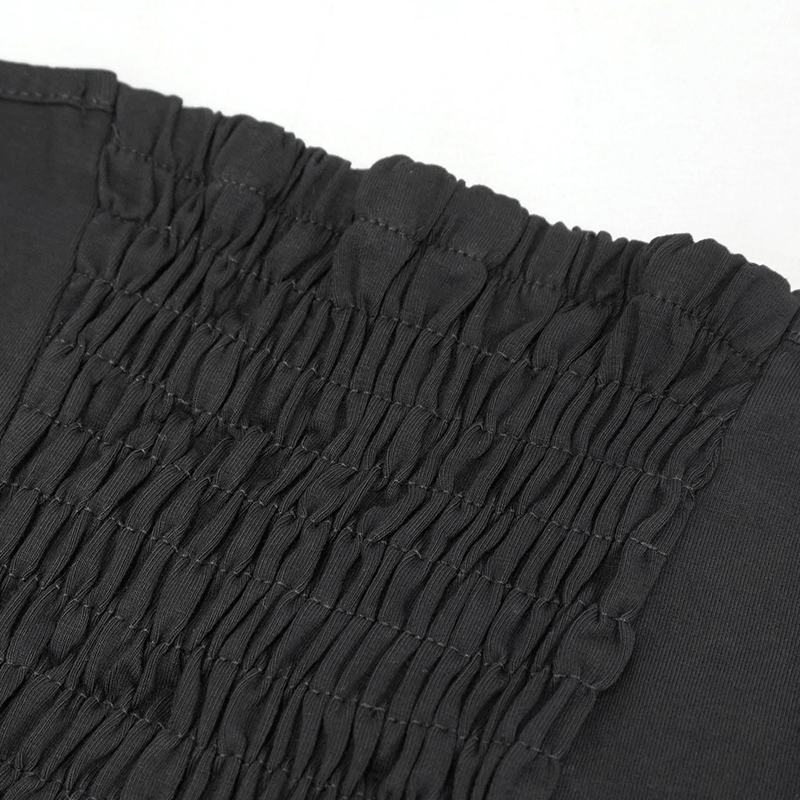 Close-up of women's black crop top showcasing the pleated detail and stretchy fabric, perfect for gothic style fashion.