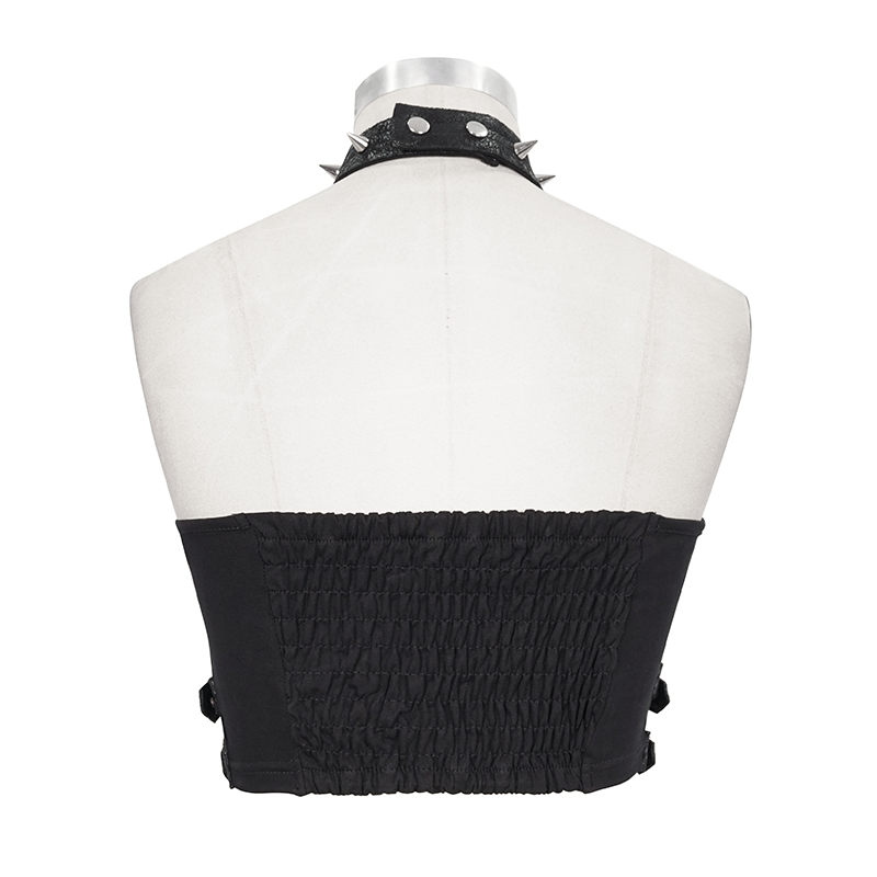 Back view of a women's black crop top with buckles and spikes, highlighting its gothic trendy style.