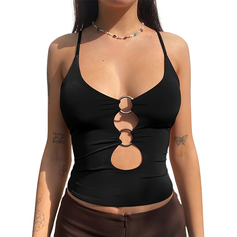 Stylish women's black crop top with double ring straps and hollow out design, perfect for alternative fashion lovers.