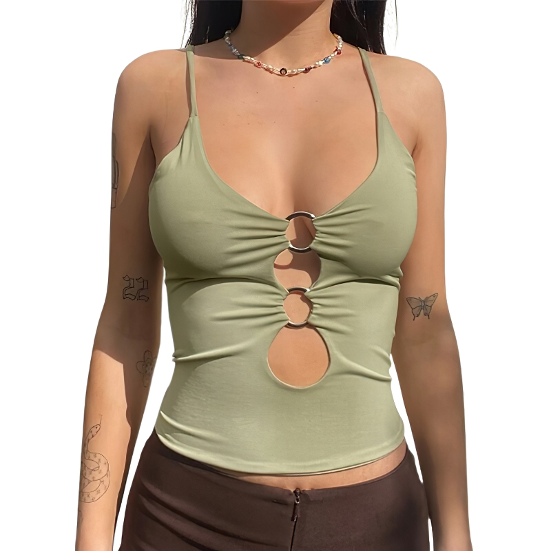 Stylish women's double ring crop top in olive green, featuring hollow cutouts and alternative fashion flair.
