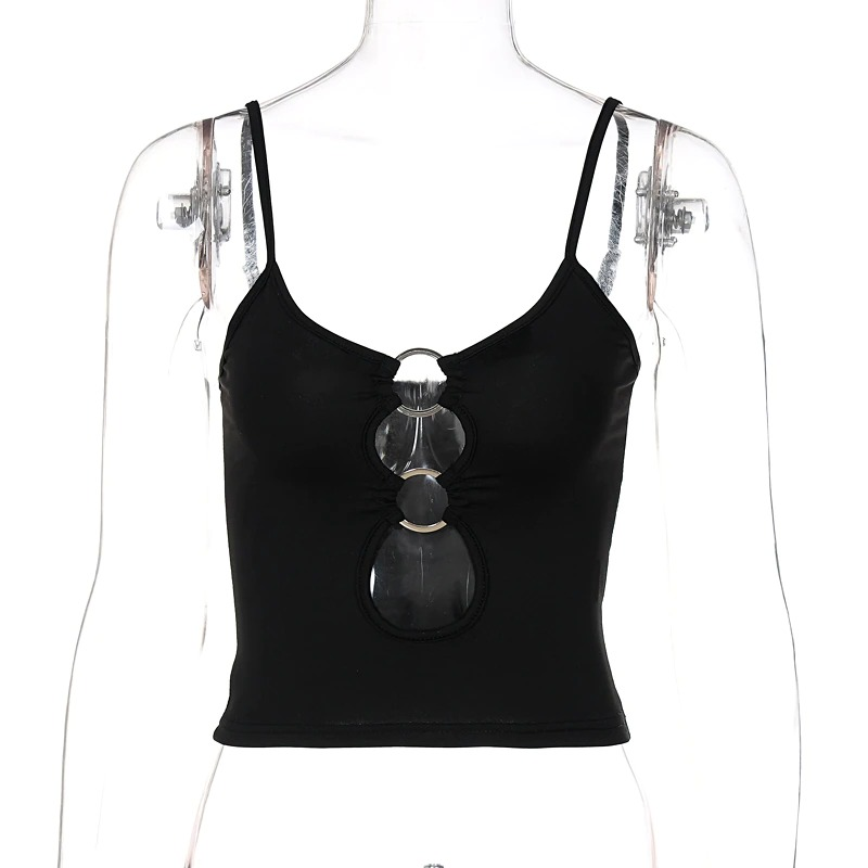 Stylish women's black crop top with double ring straps, perfect for alternative fashion enthusiasts.