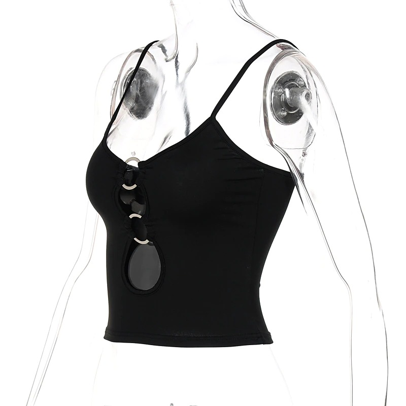 Women's sexy black double ring crop top with hollow out detailing, perfect for alternative fashion lovers.