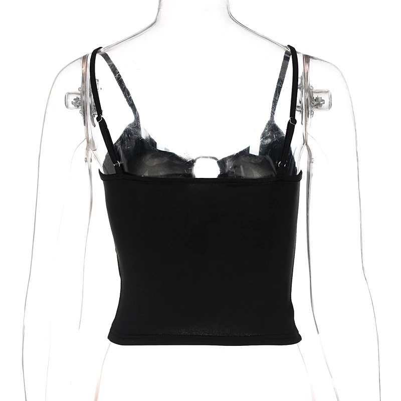 Back view of sexy women's double ring crop top in black, showcasing stylish straps and solid design. Perfect for alternative fashion.