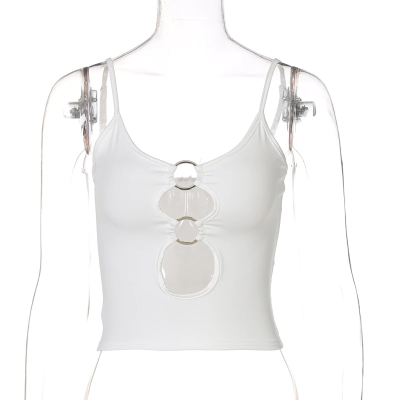 White sexy double ring crop top with hollow out accents for women, stylish alternative fashion piece.