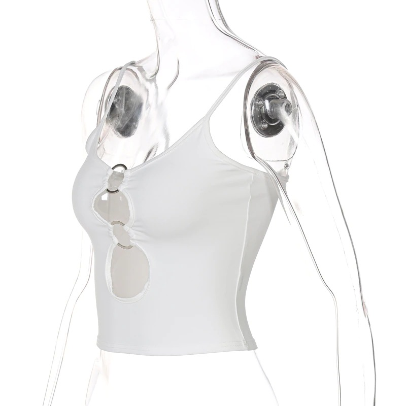 Women's sexy double ring crop top in white, featuring a hollow out design for an edgy alternative fashion look.