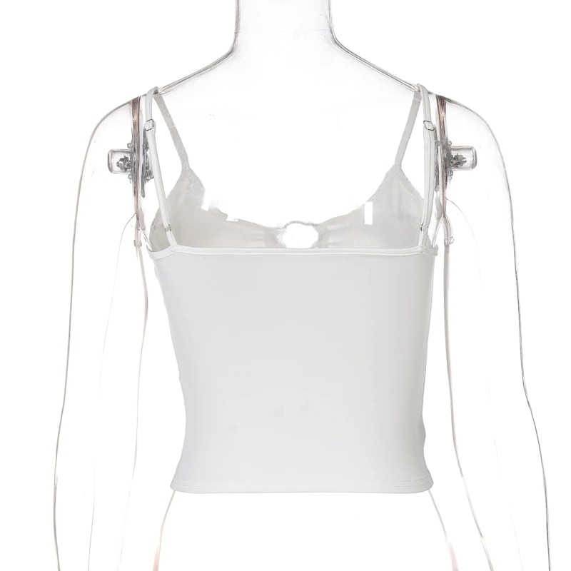 Women's sexy double ring crop top in white, showcasing a trendy hollow-out back design and adjustable straps.