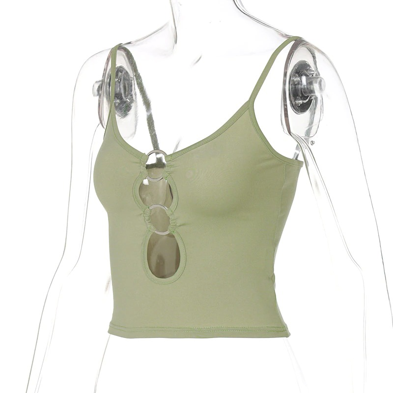 Green sexy double ring strap crop top for women, hollow out design in stylish alternative fashion.