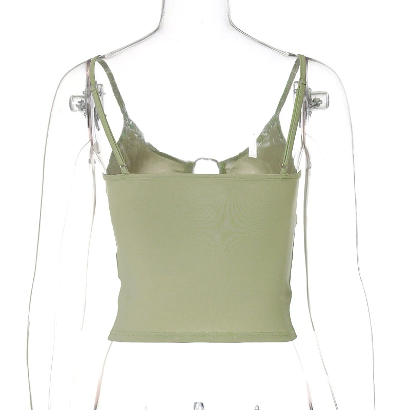 Back view of a women's sexy double ring crop top in olive green, featuring stylish spaghetti straps and a fitted design.