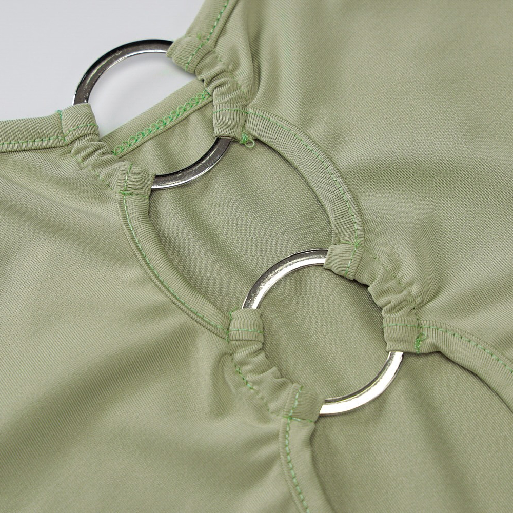 Close-up of women's sexy double ring straps crop top in olive green, featuring trendy hollow-out design.
