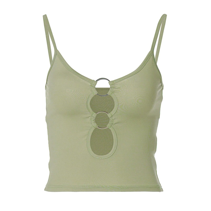Women's green double ring straps crop top with hollow out design for alternative fashion.
