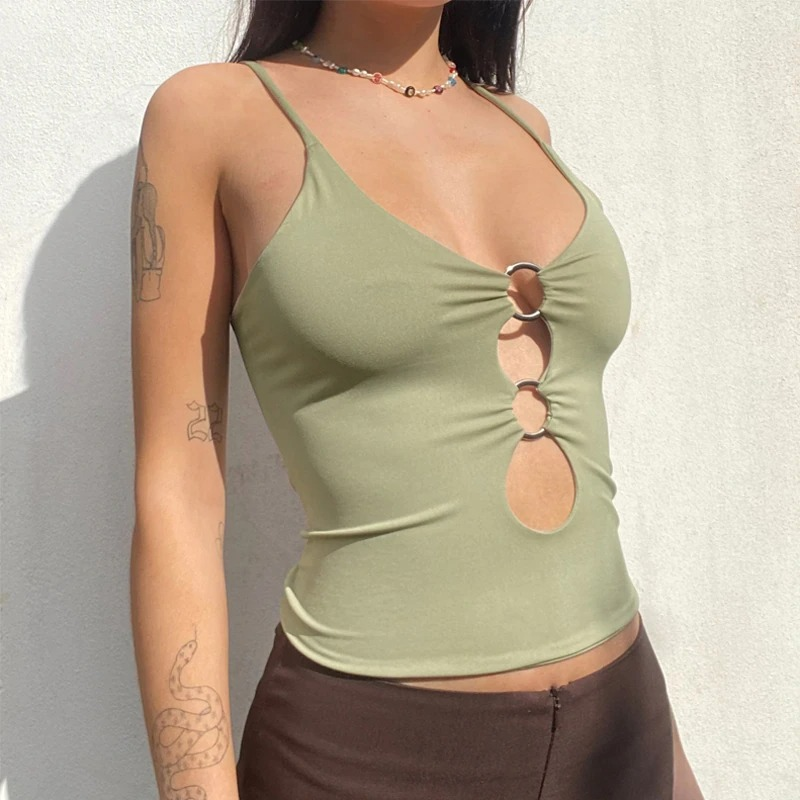 Stylish women's double ring crop top in olive green, featuring a hollow out design, perfect for alternative fashion lovers.