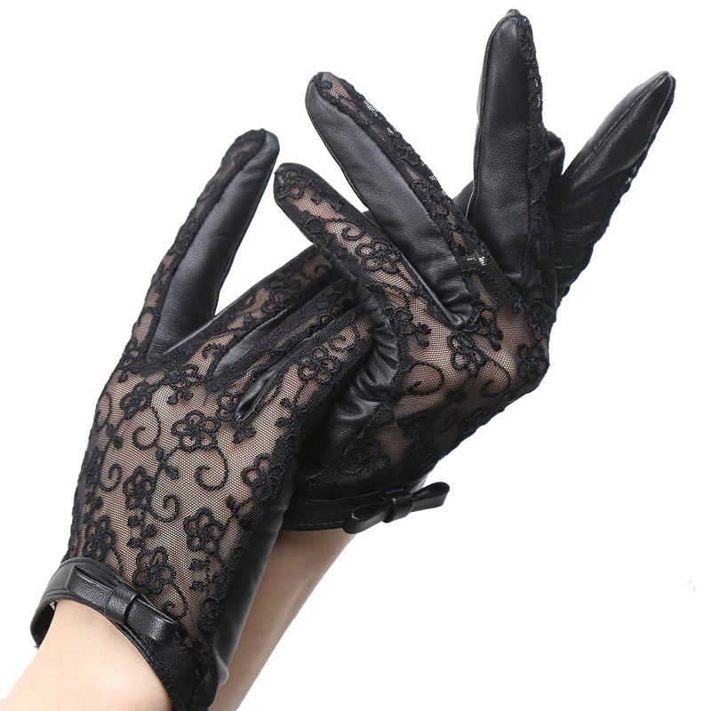 Genuine Leather Gloves / Black Lace Bow Accents