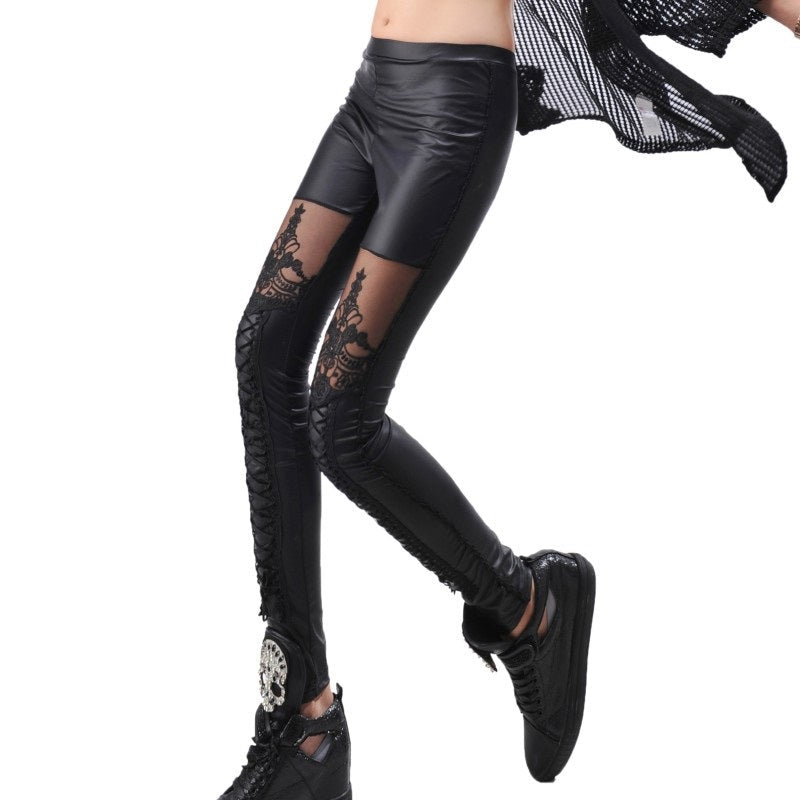 Gothic faux leather black leggings with lace inserts and lace-up detail for a trendy rock style.