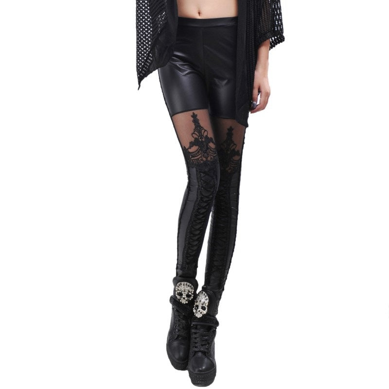 Gothic sexy faux leather black leggings with lace inserts, perfect for a rock-style outfit and everyday comfort.