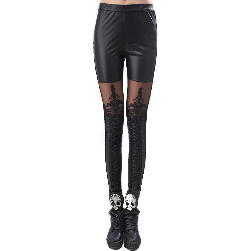 Gothic sexy faux leather black leggings with lace inserts, perfect for alternative fashion and rock looks.