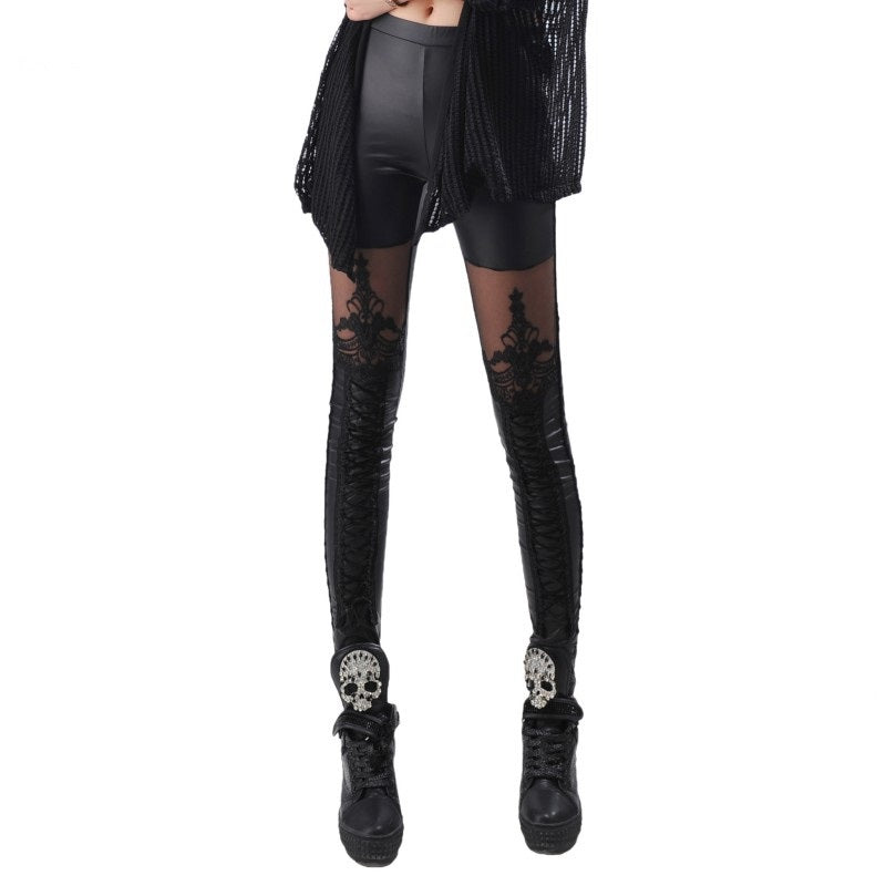 Gothic women wearing sexy faux leather black leggings with lace inserts, perfect for alternative fashion and rock style.