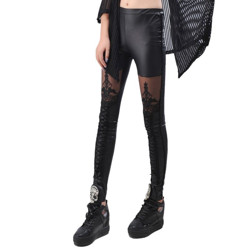 Gothic black faux leather leggings with lace inserts and lace-up details, perfect for alternative fashion and rock looks.