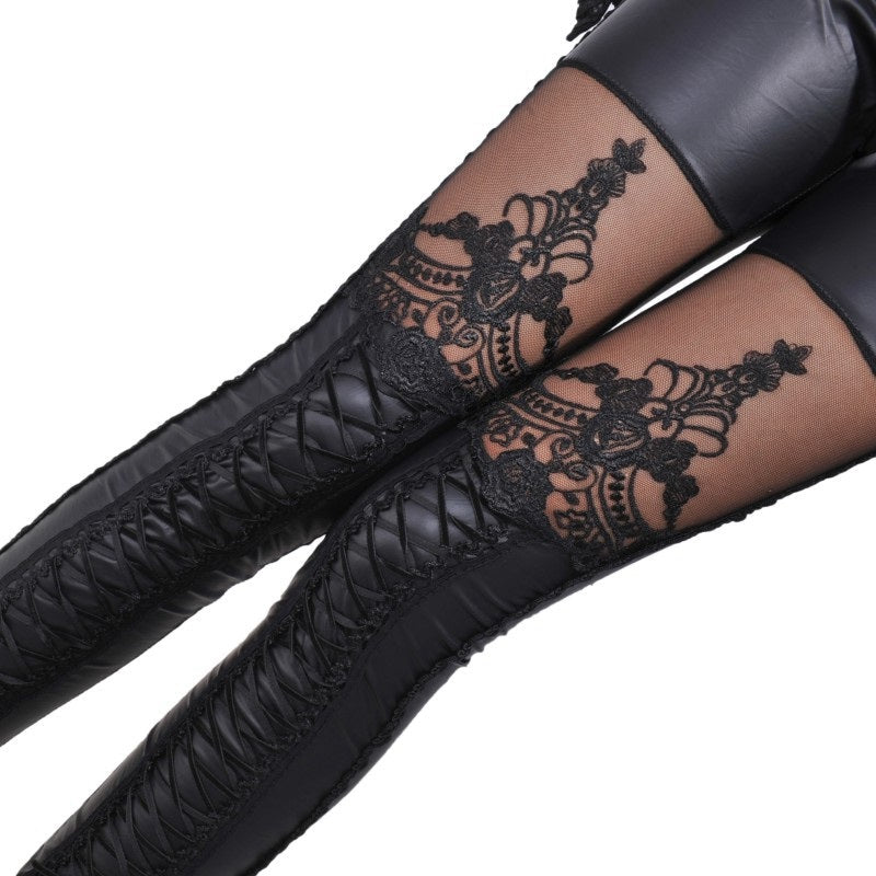 Gothic women faux leather leggings featuring lace inserts and lace-up knee design for a unique rock look.