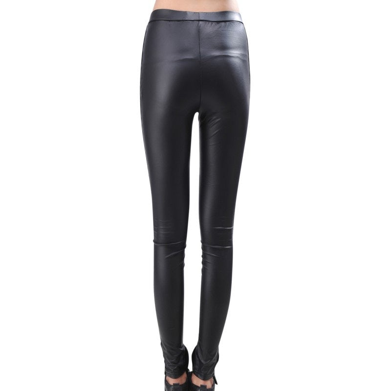Back view of sexy faux leather black leggings with lace inserts, perfect for gothic rock style outfits.