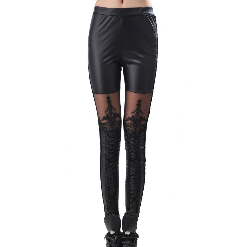 Gothic sexy black faux leather leggings with lace inserts and lace-up knee for a rock style look.