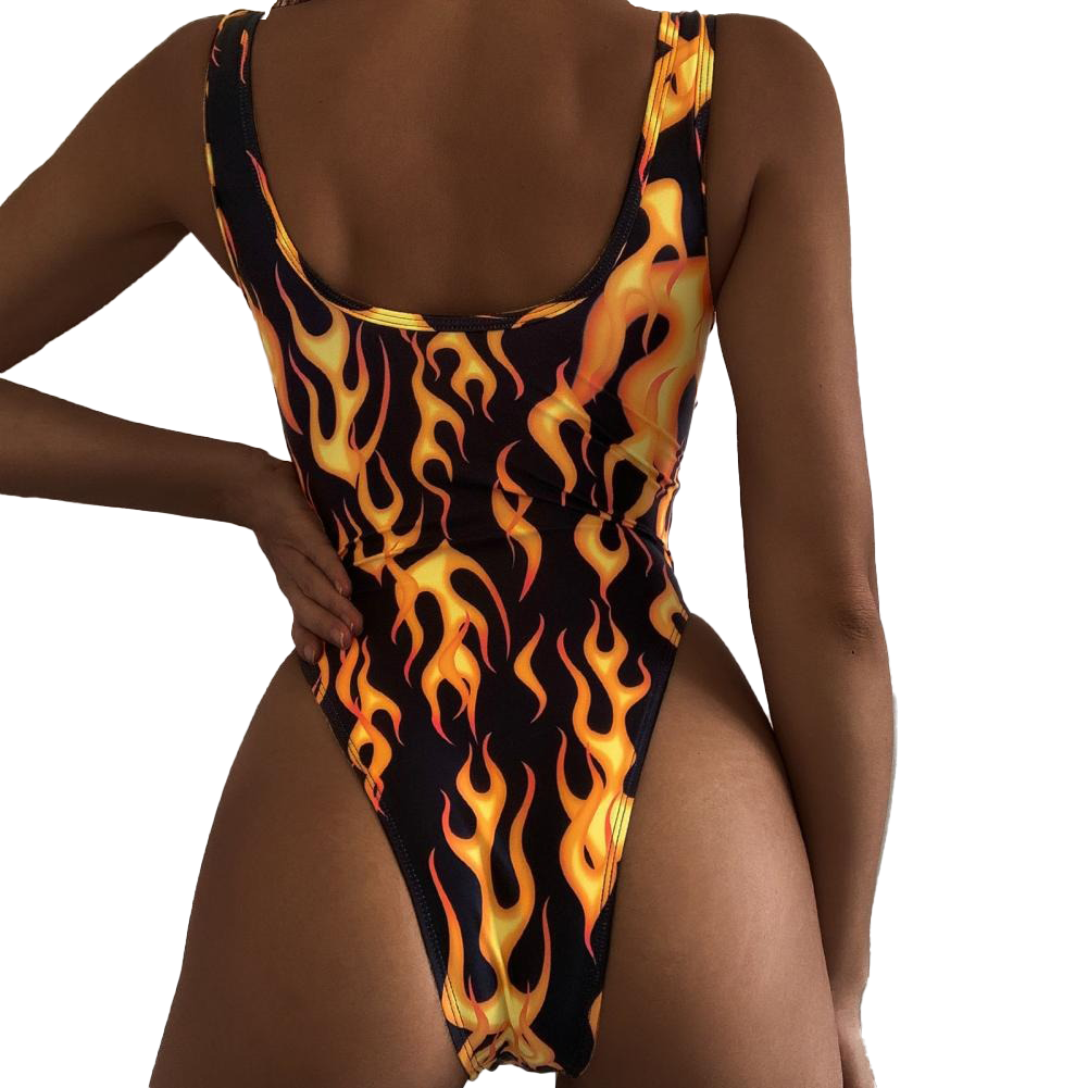 Sexy Female Fire Print One-piece Swimsuit / Women's High Cut Swimwear Bodysuits - HARD'N'HEAVY