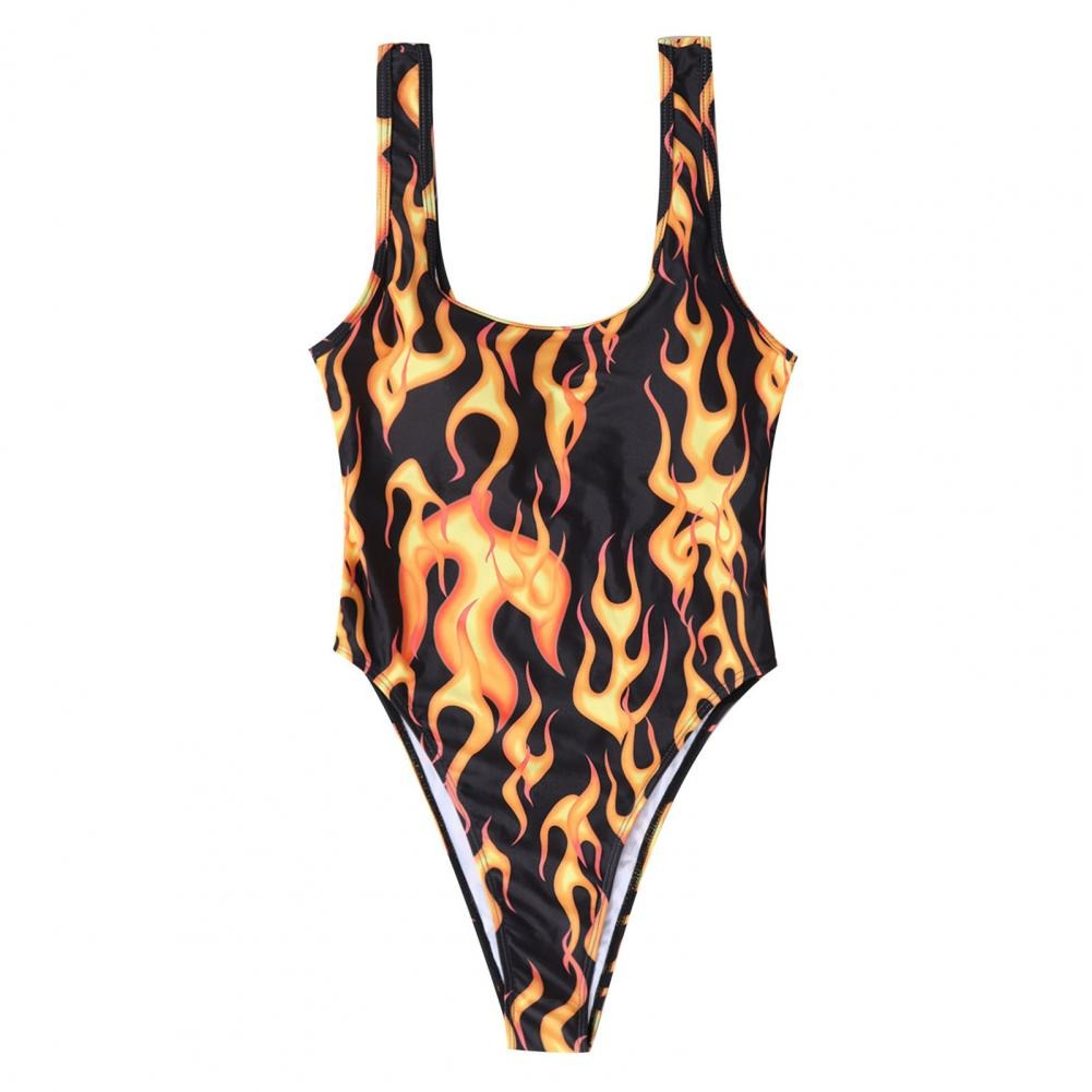 Sexy female fire print one-piece swimsuit featuring vibrant flames on a casual high-cut bodysuit.