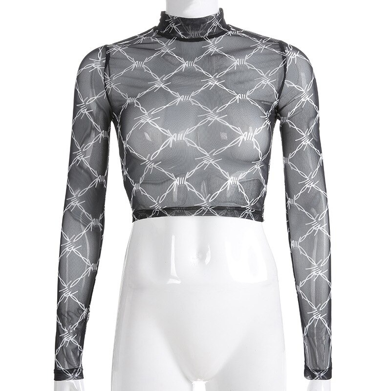 Women’s black long sleeve crop top featuring a stylish mesh design with a vintage chain print.