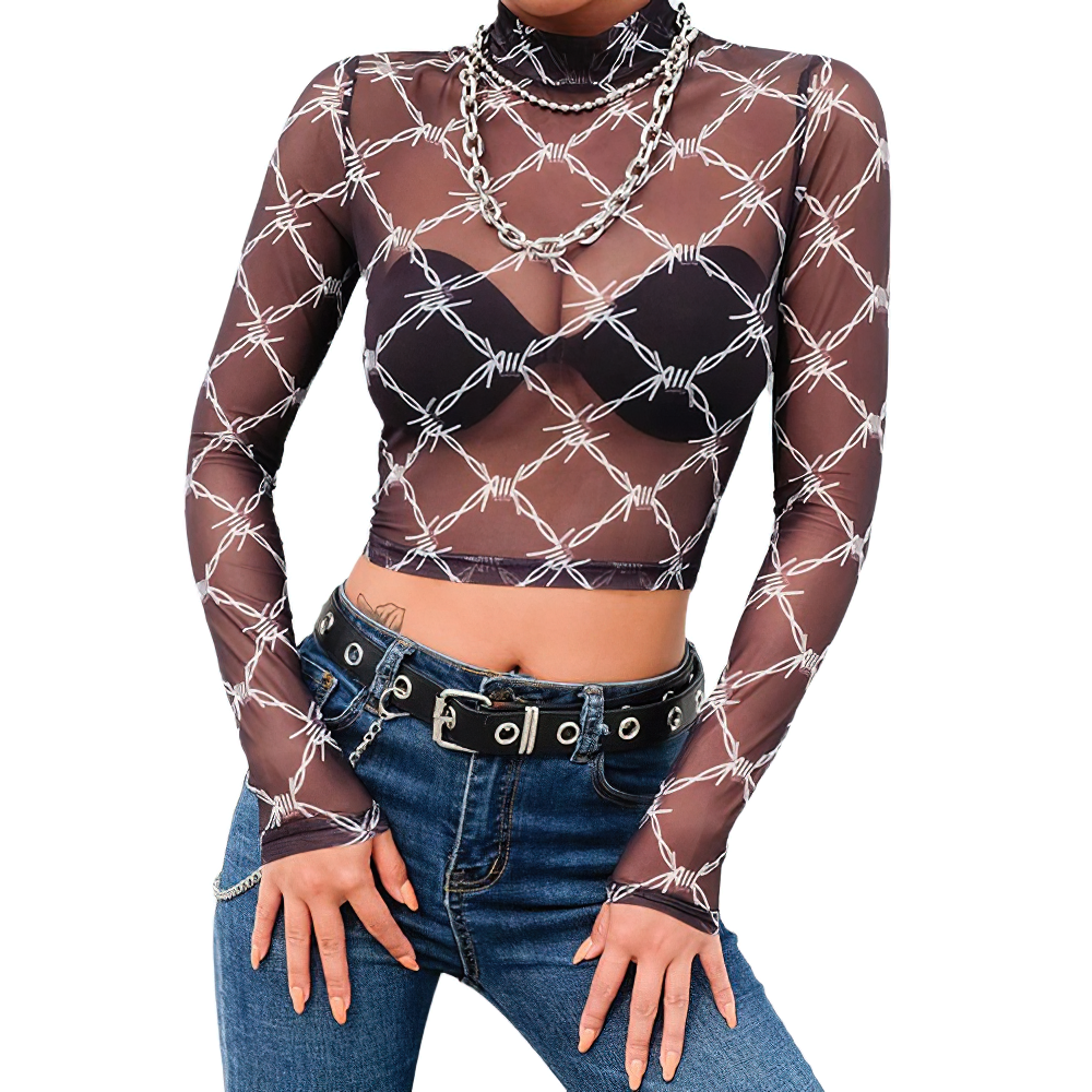 Stylish women's long sleeve black mesh crop top with chain print, perfect for a trendy casual look.