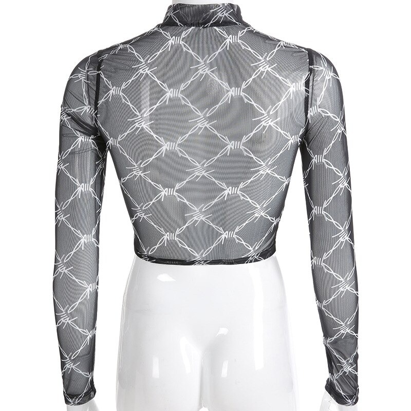 Back view of women's black long sleeve crop top featuring a stylish chain print, perfect for casual outfits.