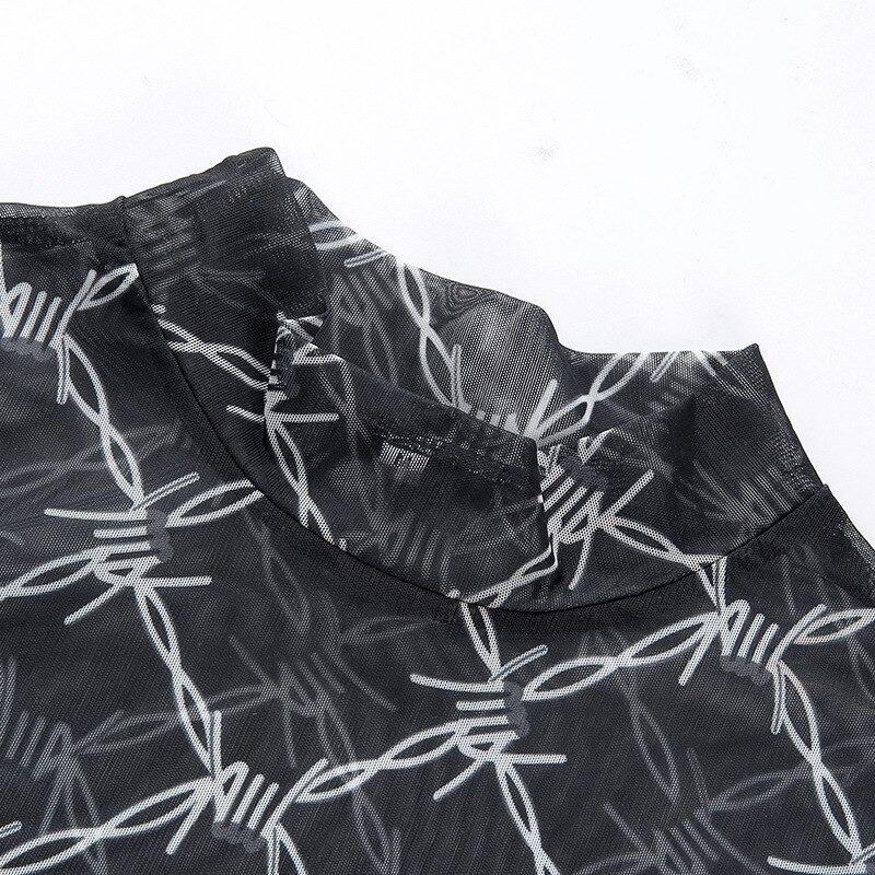 Sexy Female Long Sleeve Crop Top / Vintage Black Mesh Chain Print T-Shirt for Women - HARD'N'HEAVY