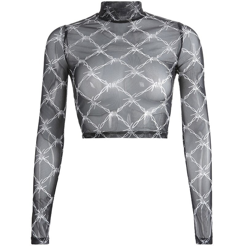 Stylish long sleeve black mesh crop top with silver chain print for women's casual fashion.