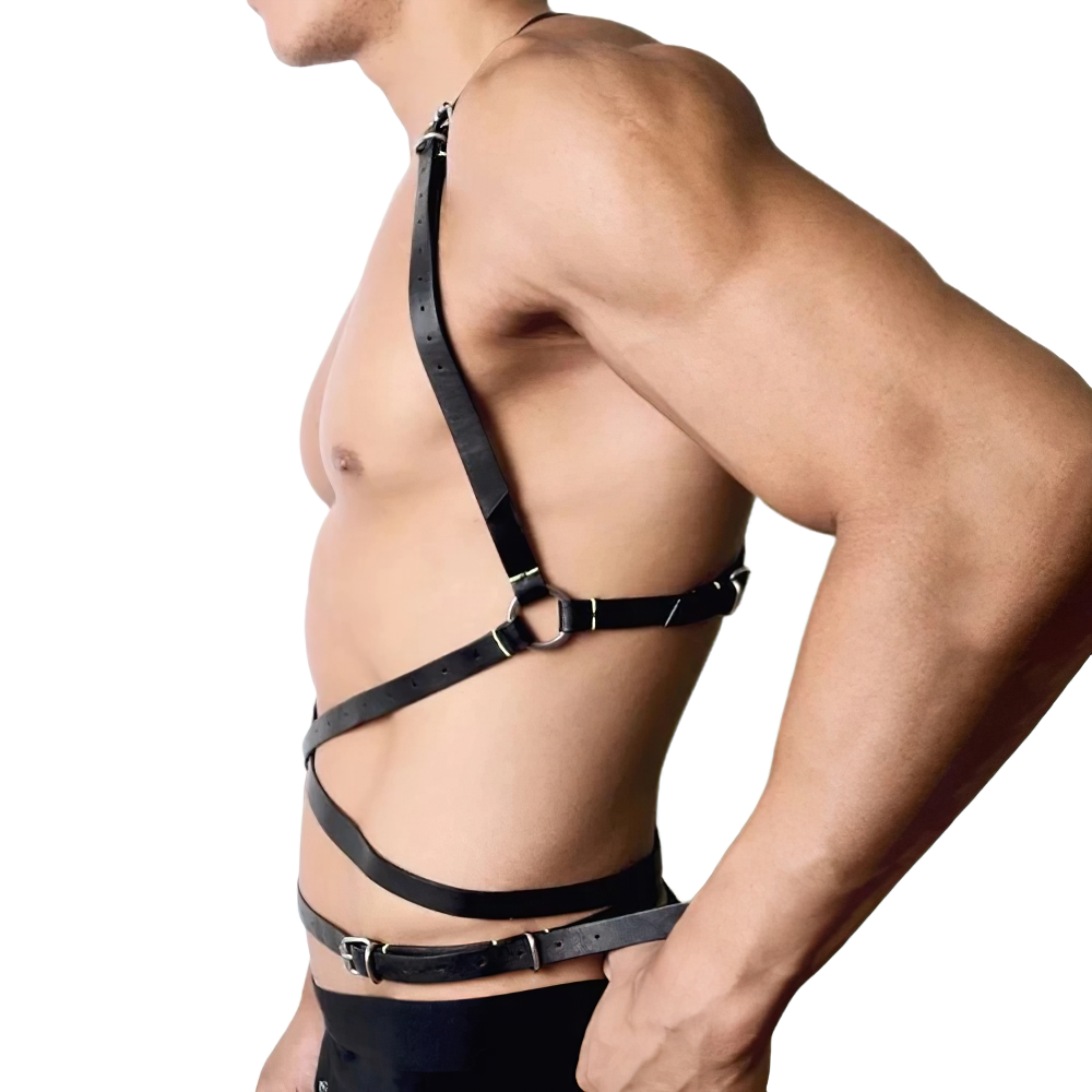 Side view of a man wearing a sexy PU leather body chest harness, showcasing a punk style design for cosplay.
