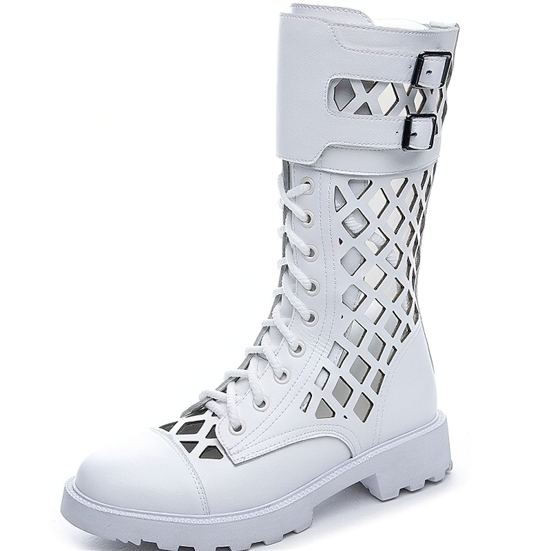 Stylish white lace-up women's boots with cut-out design and metal buckles for a trendy goth look.