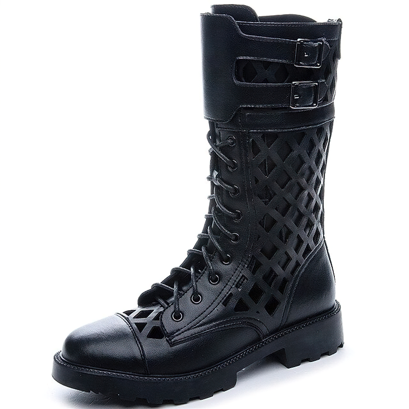 Goth style women's leather boots with metal buckles, lace-up design, and unique cutout pattern.